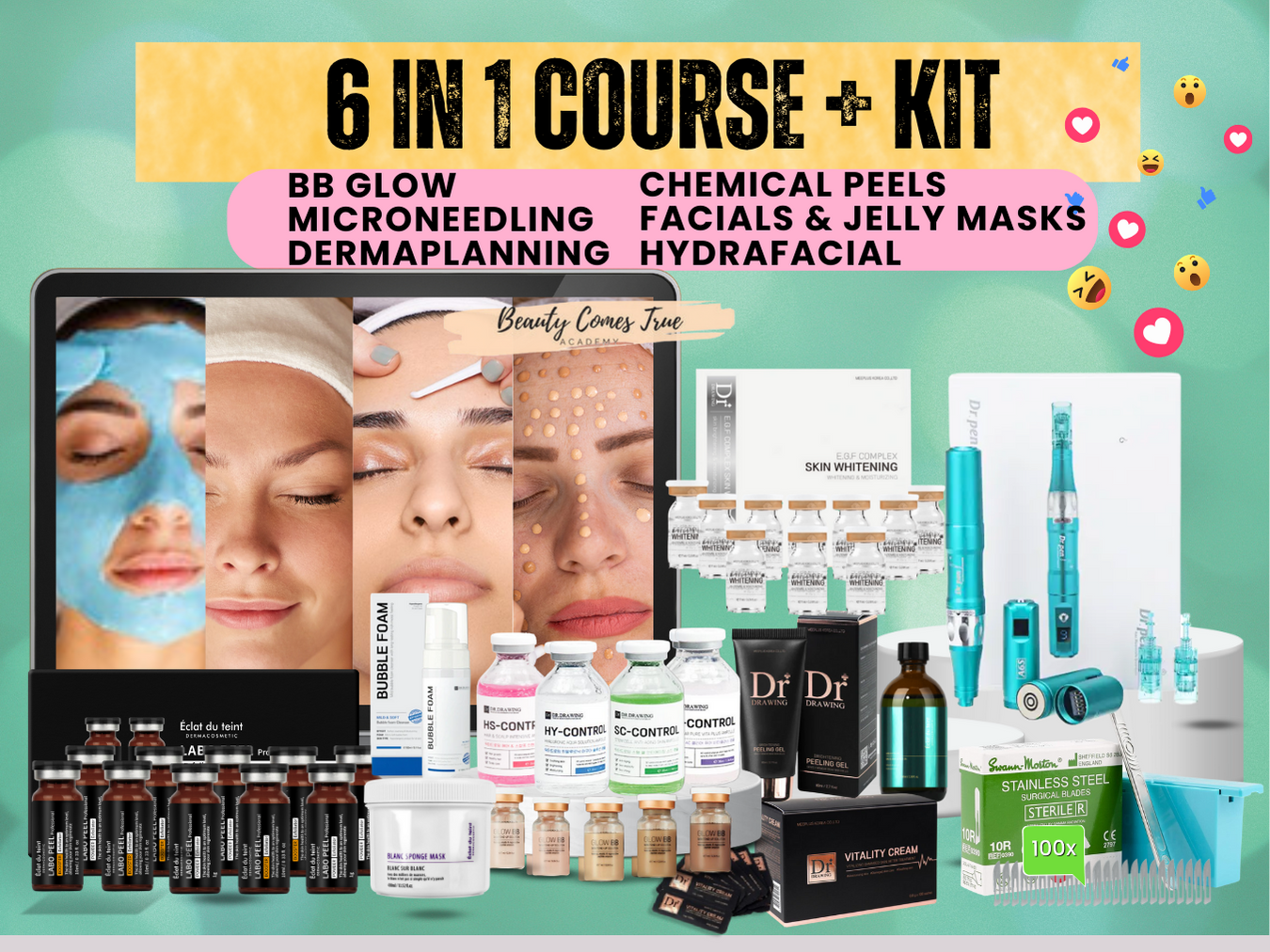 6 in 1 BB Glow, Micro-needling, Dermaplanning, Hydrofacials, Chemical peels, Facials & mask skin course + kit (1 left)