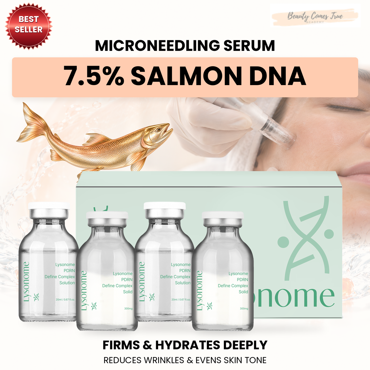 Lysonome 7.5% salmon DNA microneedling serum — four-bottle Define Complex kit, gold salmon and Best Seller cover