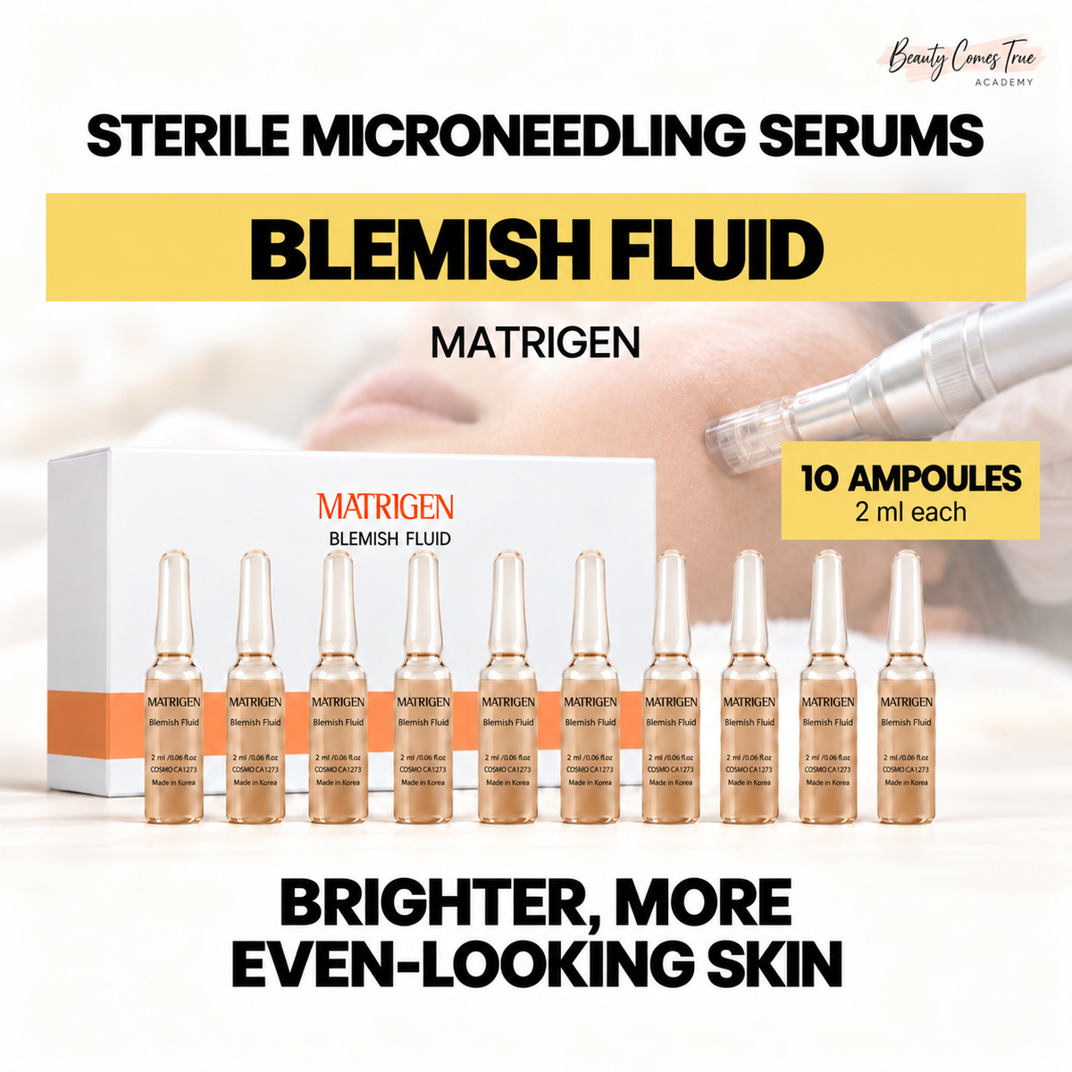Matrigen Blemish Fluid, 10 ampoules of 2 ml each, yellow product cover with a subtle microneedling treatment background.