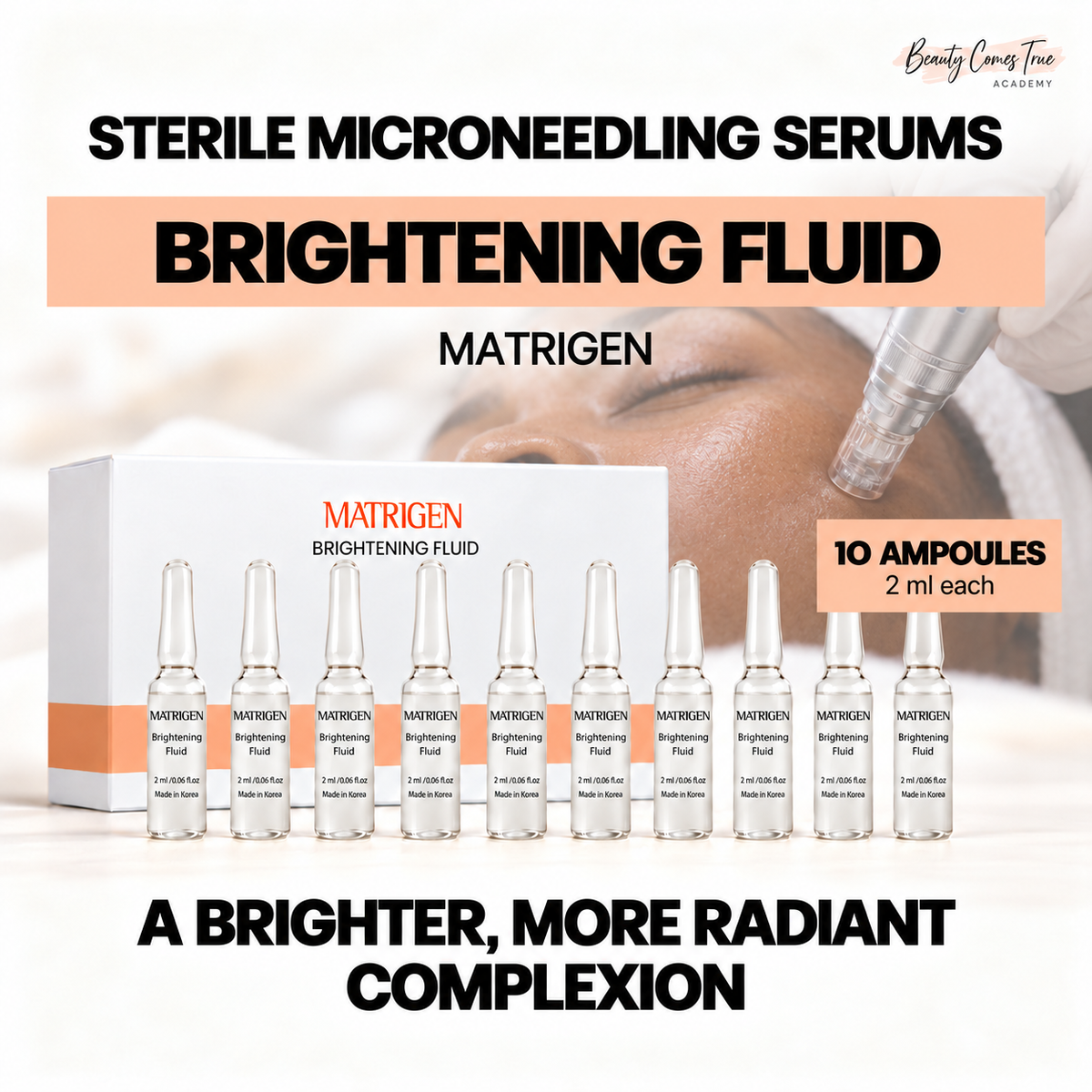 Matrigen BRIGHTENING FLUID, 10 ampoules, 2 ml each, with a distinct professional microneedling treatment photograph and clean product-cover layout.