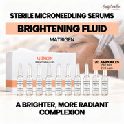 Matrigen brightening fluid: 20 ampoules per box, 2 ml each. Clean single-row product display with a microneedling background.