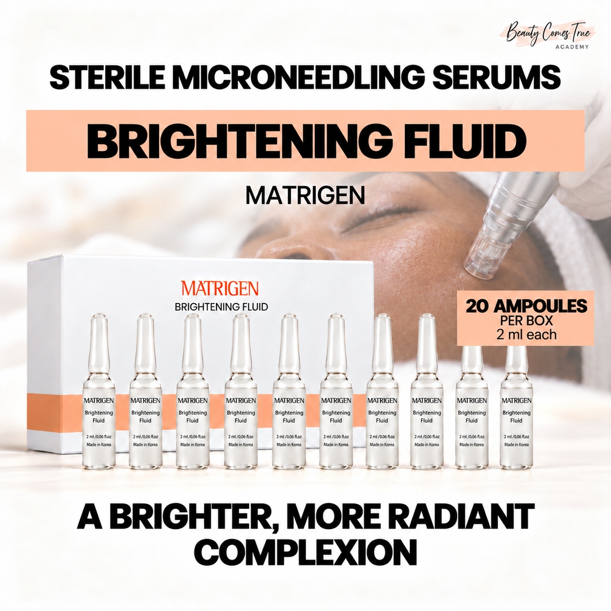Matrigen brightening fluid: 20 ampoules per box, 2 ml each. Clean single-row product display with a microneedling background.