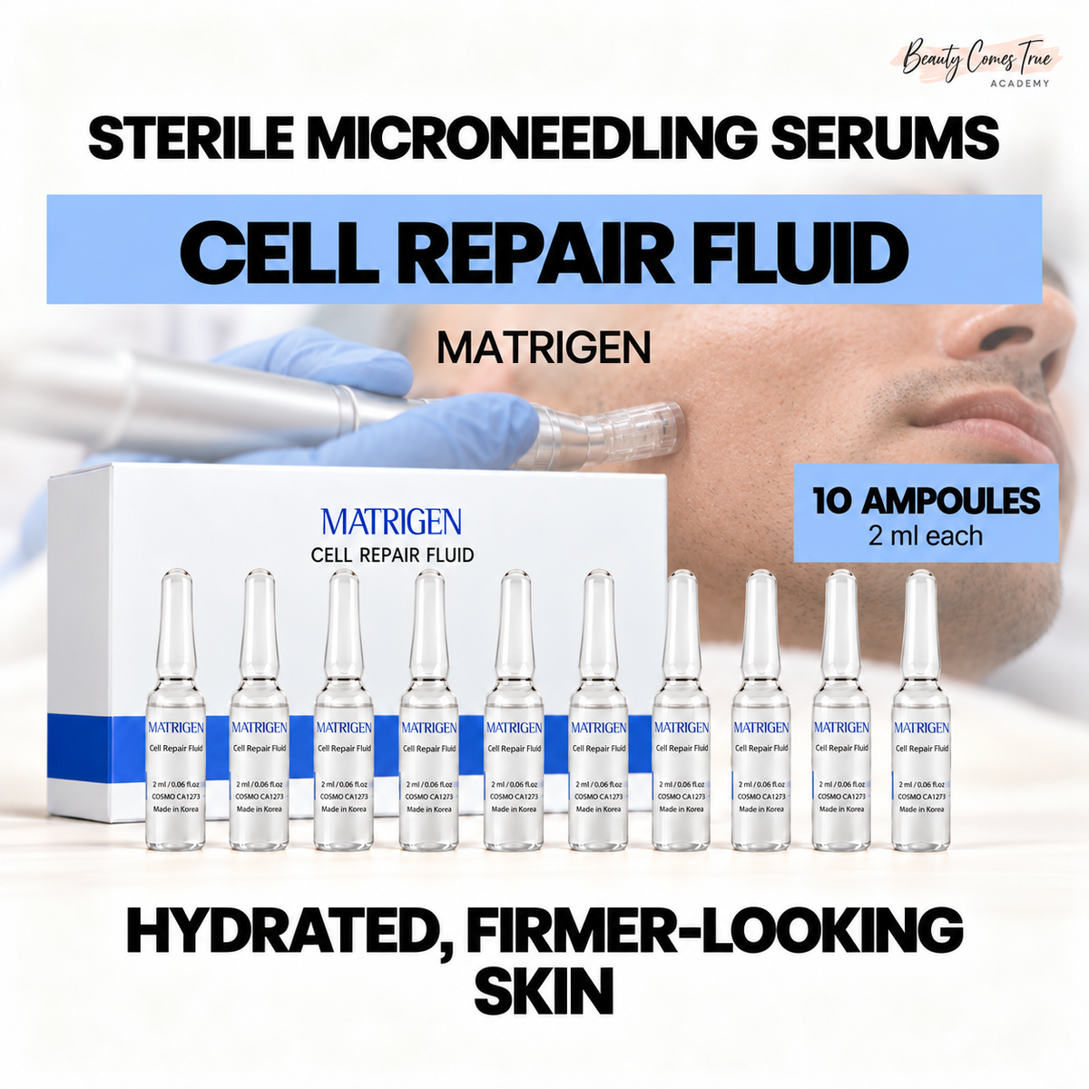 Matrigen CELL REPAIR FLUID, 10 ampoules, 2 ml each, with a distinct professional microneedling treatment photograph and clean product-cover layout.