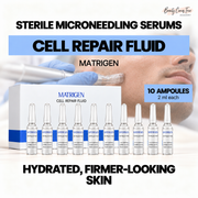 Matrigen CELL REPAIR FLUID, 10 ampoules, 2 ml each, with a distinct professional microneedling treatment photograph and clean product-cover layout.