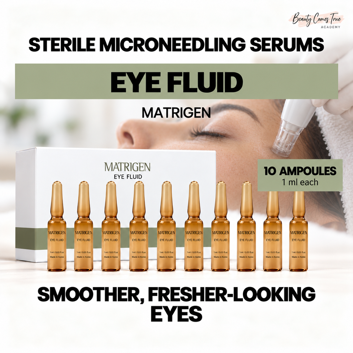 Matrigen EYE FLUID, 10 ampoules, 1 ml each, with a distinct professional microneedling treatment photograph and clean product-cover layout.