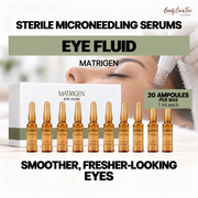 Matrigen eye fluid: 20 ampoules per box, 1 ml each. Clean single-row product display with a microneedling background.