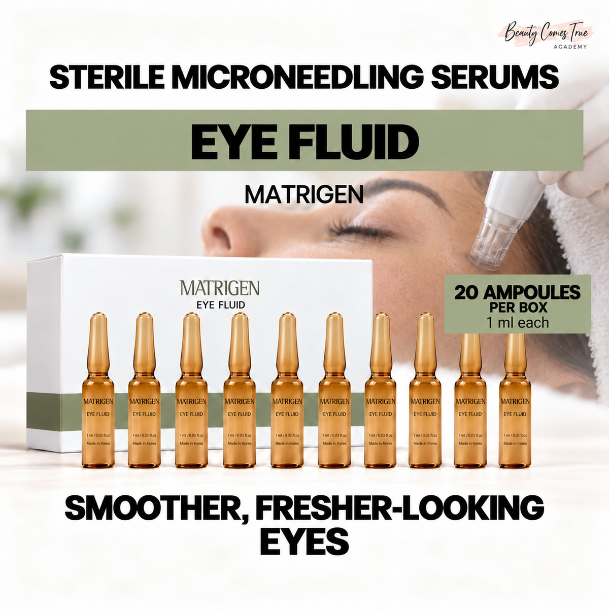Matrigen eye fluid: 20 ampoules per box, 1 ml each. Clean single-row product display with a microneedling background.