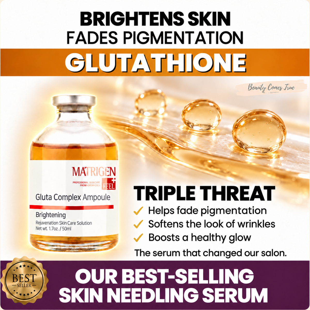 Matrigen Gluta Complex Glutathione 50ml serum with golden serum droplets, warm bottle highlight and triple-threat benefits.