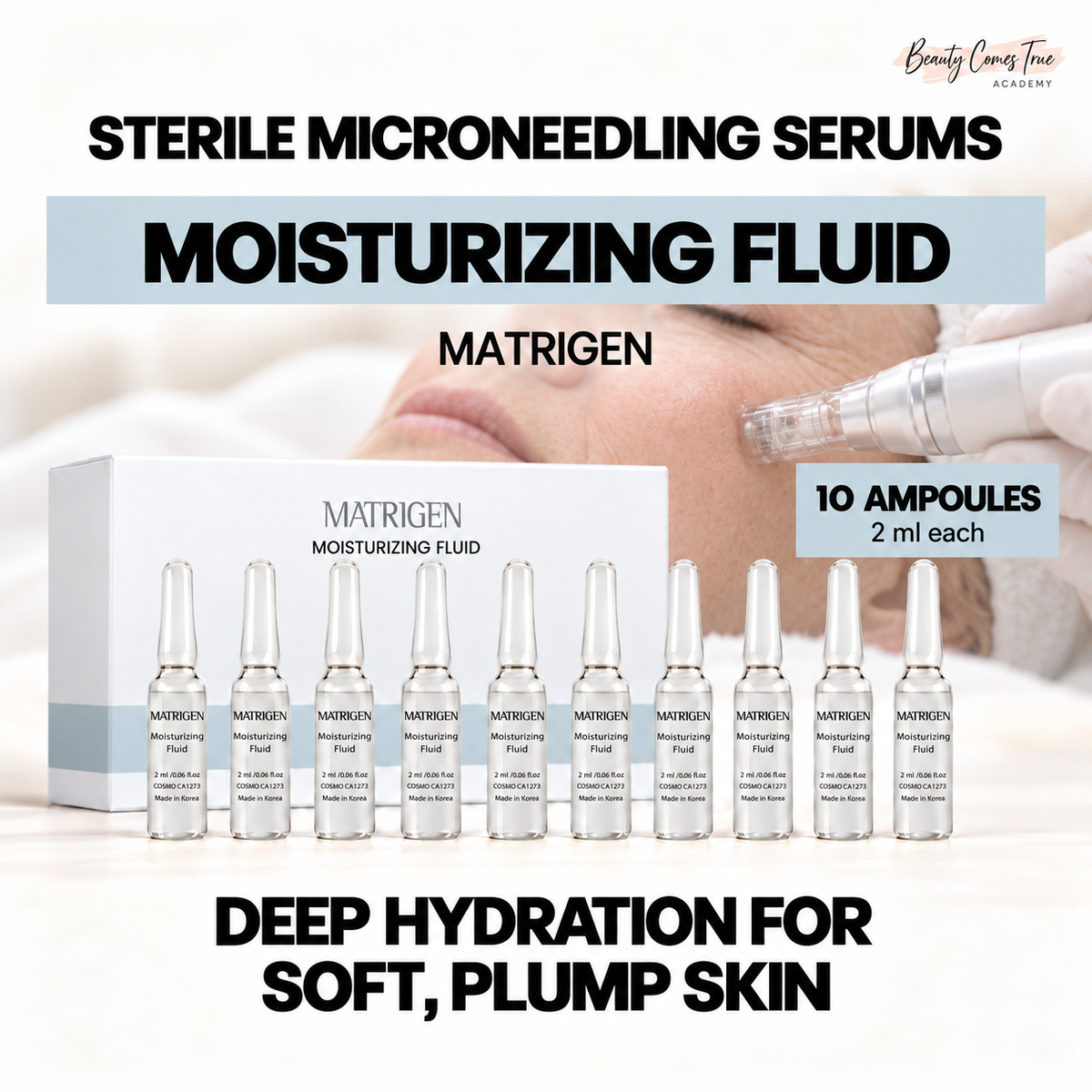 Matrigen MOISTURIZING FLUID, 10 ampoules, 2 ml each, with a distinct professional microneedling treatment photograph and clean product-cover layout.