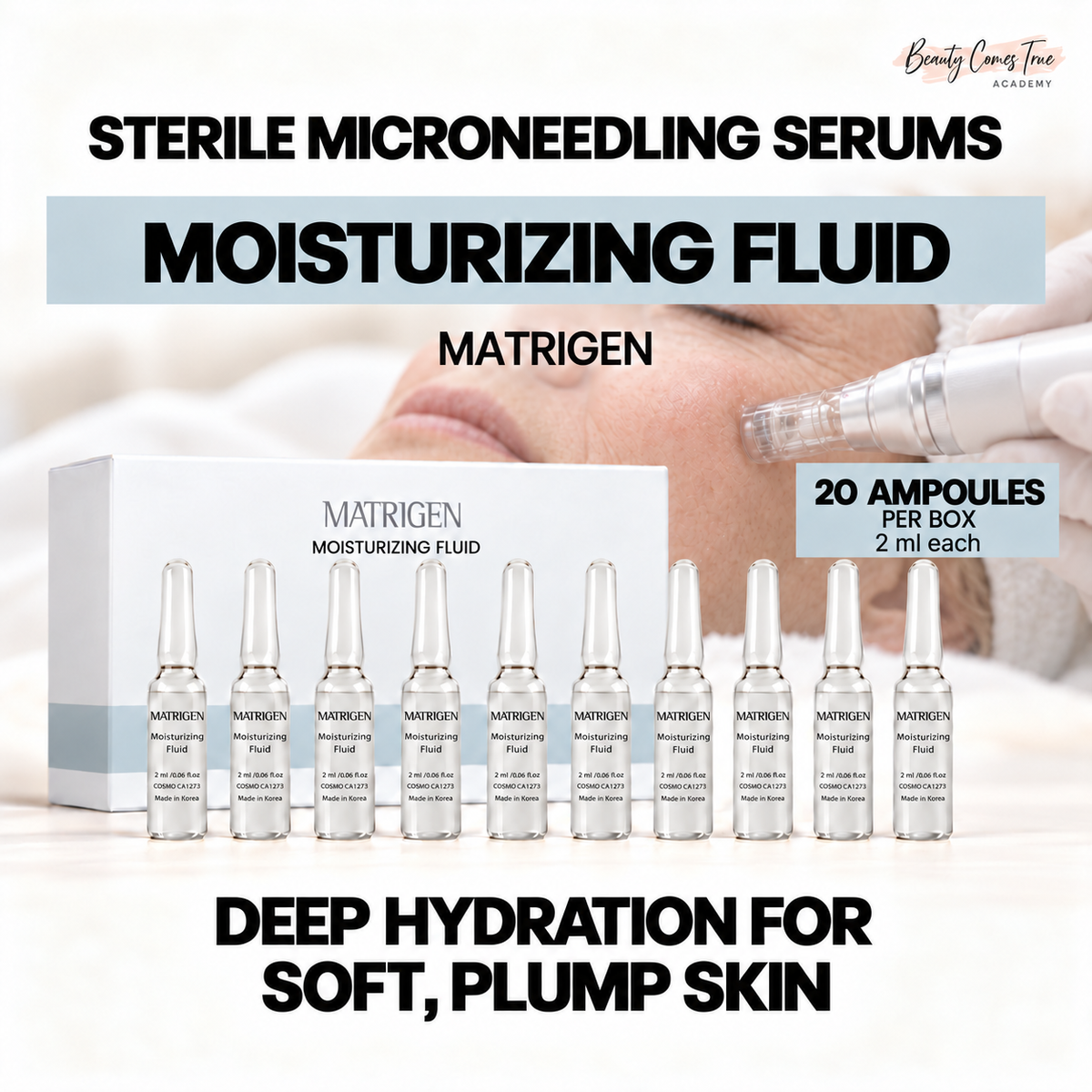 Matrigen moisturizing fluid: 20 ampoules per box, 2 ml each. Clean single-row product display with a microneedling background.
