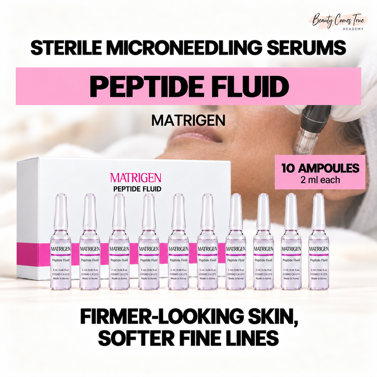 Matrigen PEPTIDE FLUID, 10 ampoules, 2 ml each, with a distinct professional microneedling treatment photograph and clean product-cover layout.