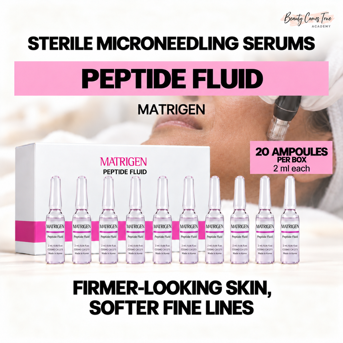 Matrigen peptide fluid: 20 ampoules per box, 2 ml each. Clean single-row product display with a microneedling background.