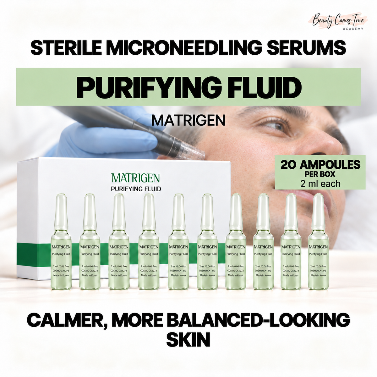 Matrigen purifying fluid: 20 ampoules per box, 2 ml each. Clean single-row product display with a microneedling background.
