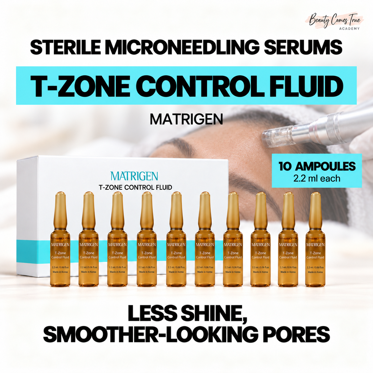Matrigen T-ZONE CONTROL FLUID, 10 ampoules, 2.2 ml each, with a distinct professional microneedling treatment photograph and clean product-cover layout.