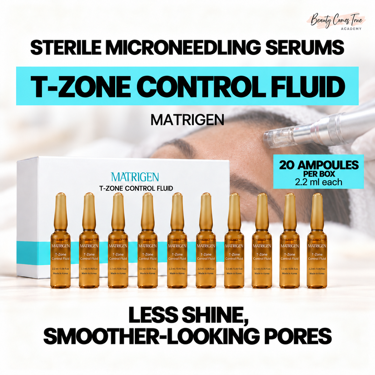 Matrigen t zone control fluid: 20 ampoules per box, 2.2 ml each. Clean single-row product display with a microneedling background.