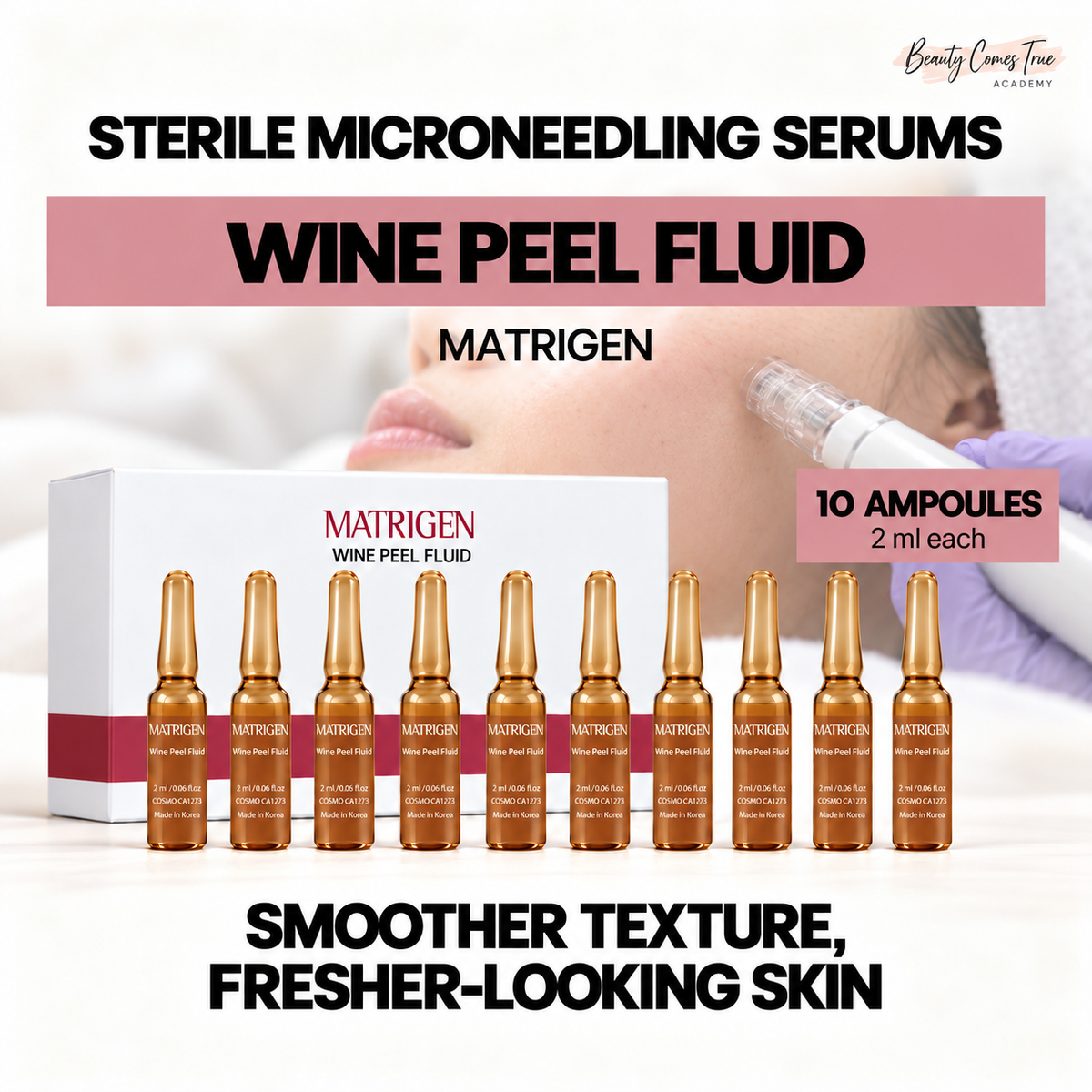 Matrigen WINE PEEL FLUID, 10 ampoules, 2 ml each, with a distinct professional microneedling treatment photograph and clean product-cover layout.