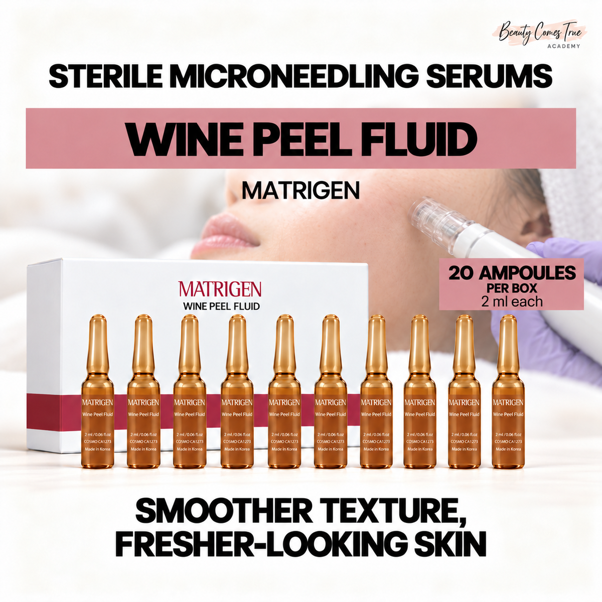 Matrigen wine peel fluid: 20 ampoules per box, 2 ml each. Clean single-row product display with a microneedling background.
