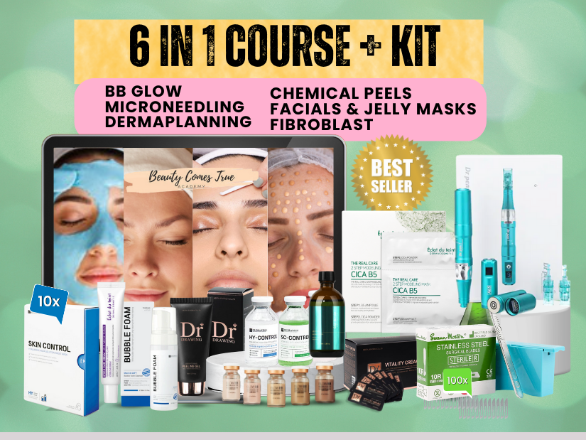 6 in 1 BB Glow, Micro-needling, Dermaplanning, Hydrofacials, Chemical peels, Facials & mask skin course + kit (1 left)